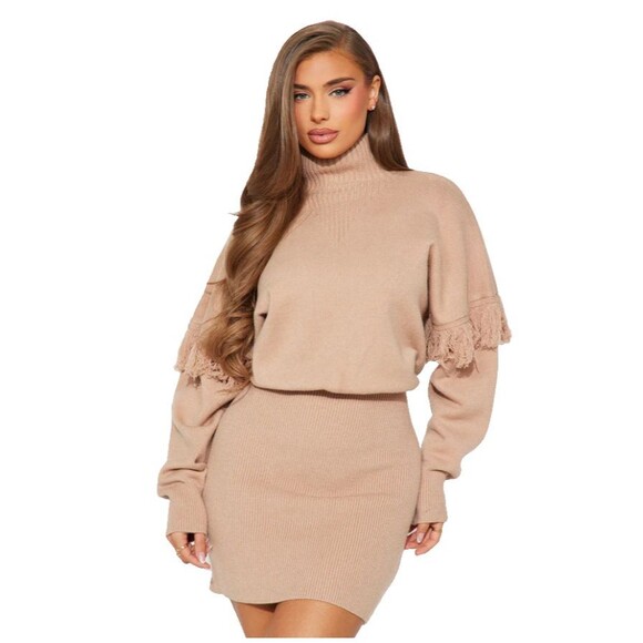 Fashion Nova Isla Taupe Fringed Mini Sweater Dress Size Small Heavy Knit - Picture 1 of 13
